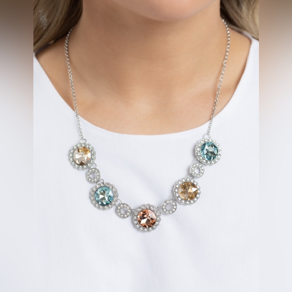 Elegant Silver and Pastel Rhinestones Necklace - Picture 2 of 2